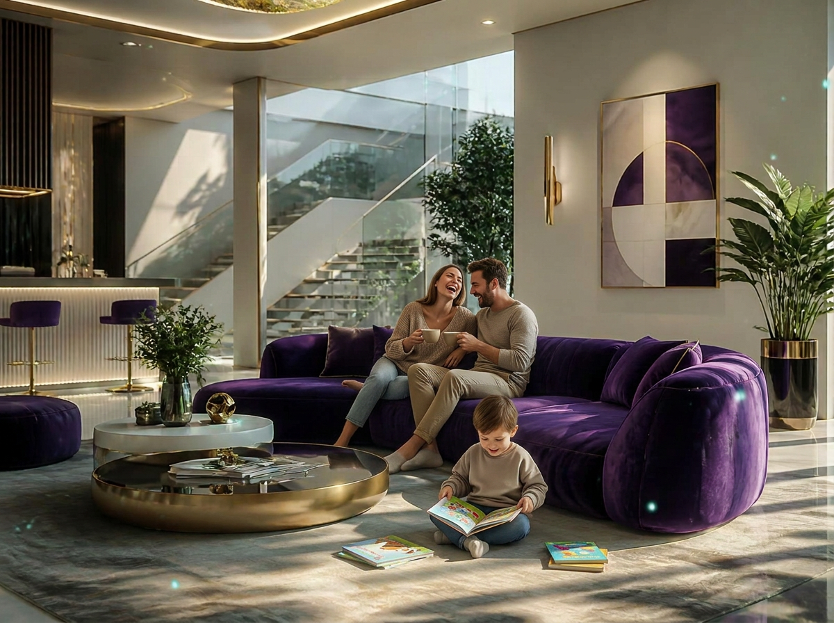 Freshly cleaned modern living room with deep green sofa and gold accents